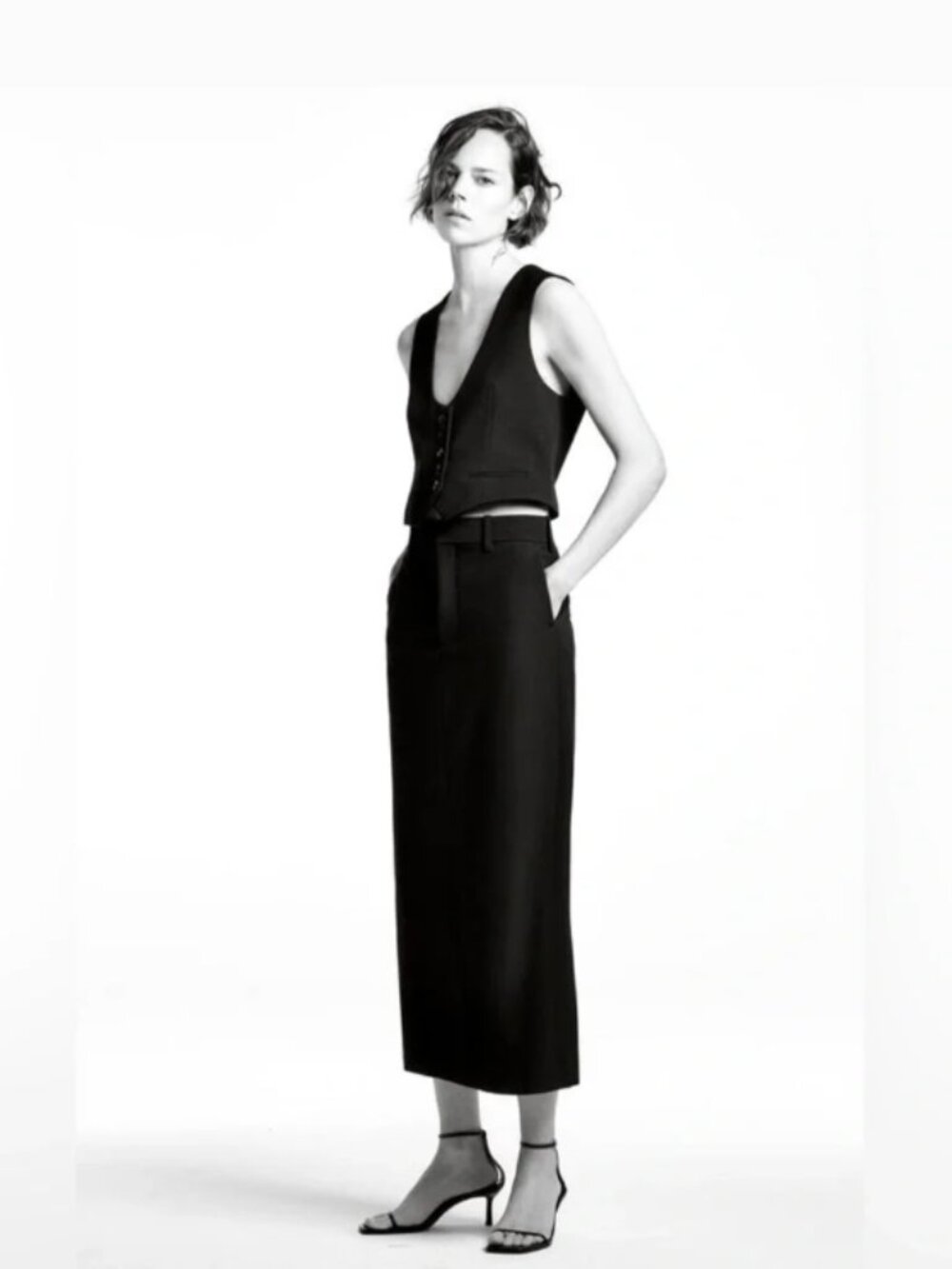 Zara Black Wool Blend Midi Pencil Skirt | XL | Tailored Minimalist Office Career